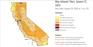 Map of California indicating drought status as of January 13, 2023