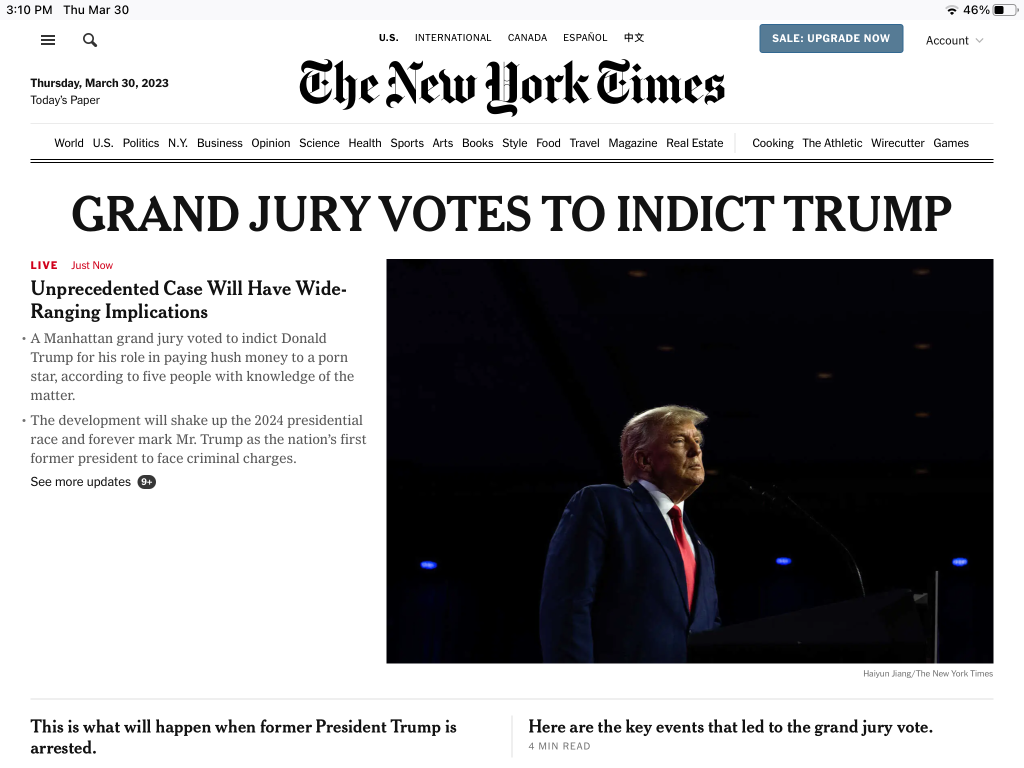 Screenshot of the NY Times reporting that the grand jury voted to indict Trump