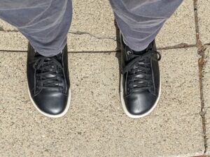 Black leather Birkenstocks oxfords with white soles